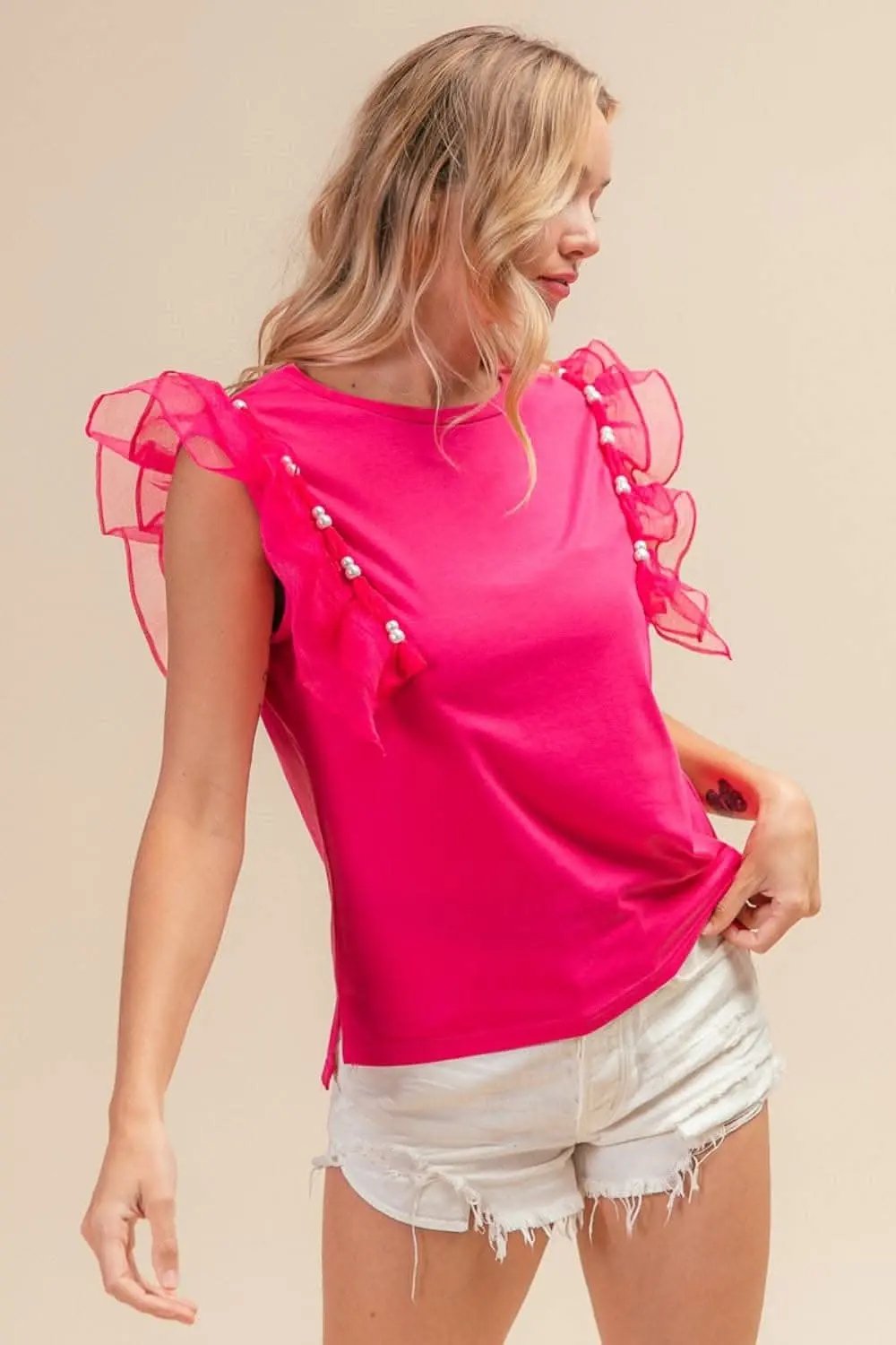 Trendsi BiBi Pearl Decor Mesh Ruffle Sleeve Top