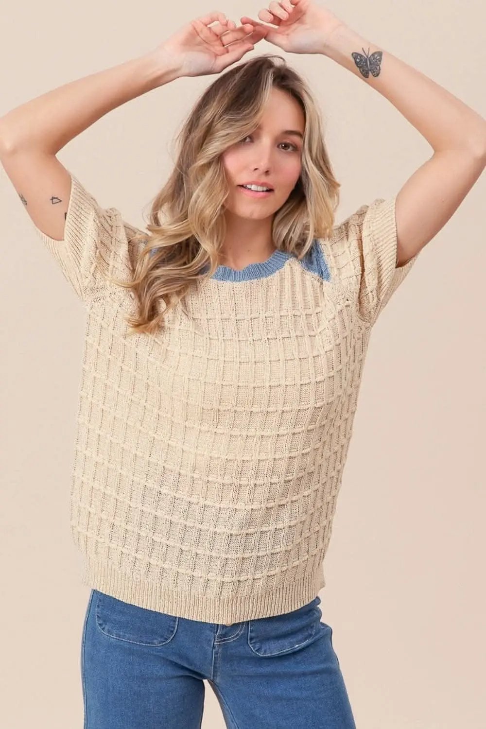Women's Sweater - Textured Contrast Short Sleeve - Casual Knit Top