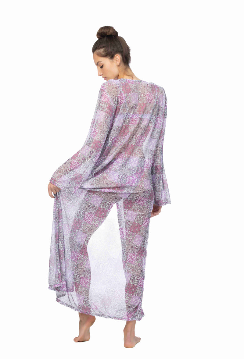 PATCHWORK PRINT MESH LONG COVER UP