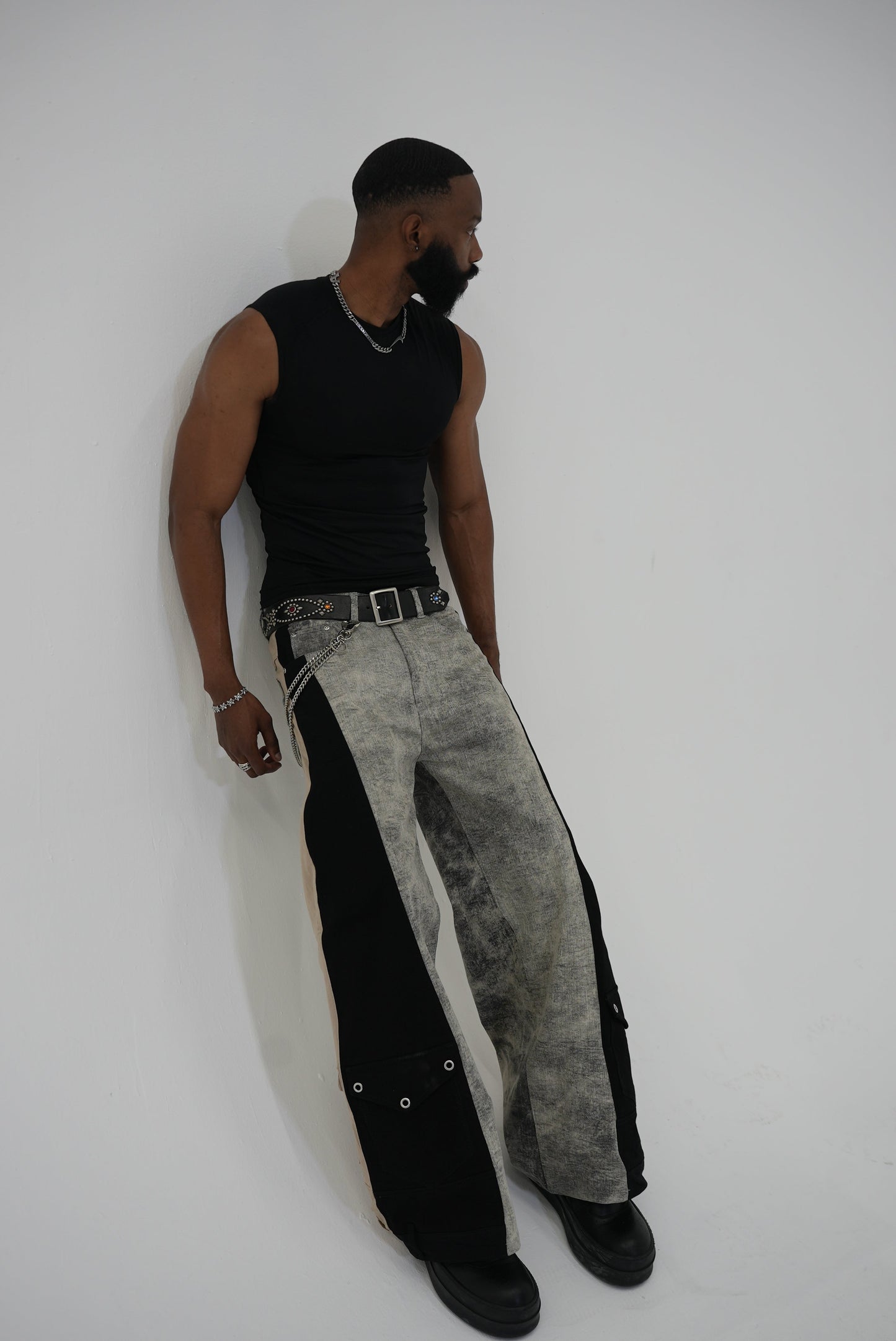 Double Wide Leg Flare Stone Wash Grey, Black, & Cream Denim