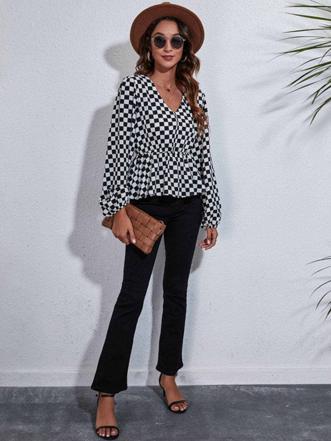 Trendsi Chic checkered v-neck peplum blouse