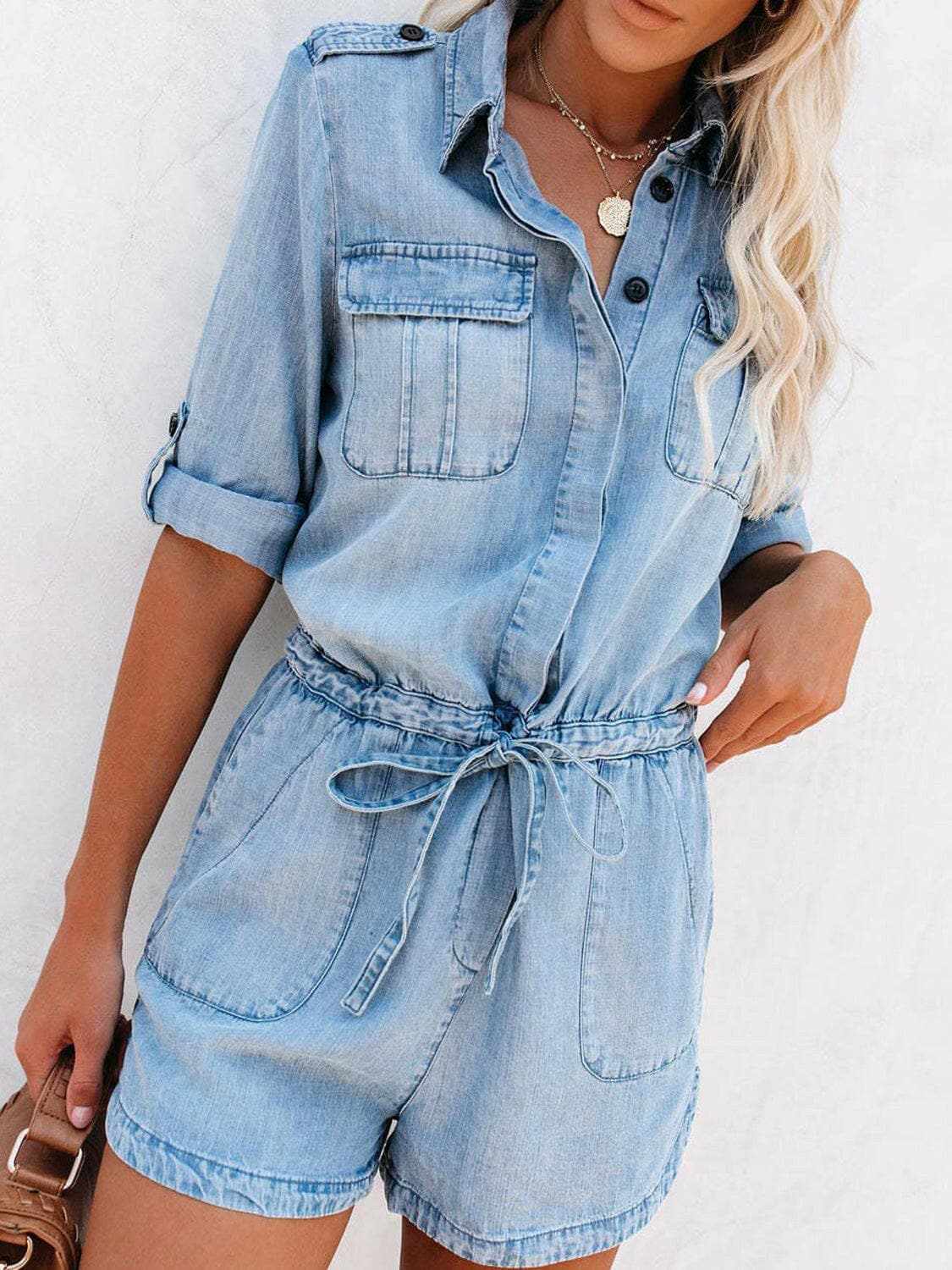 Trendsi just arrived - Chic denim drawstring romper