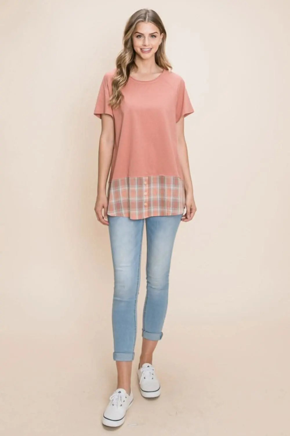 Trendsi Cotton Bleu Plaid Tee Women's Casual T-Shirt Soft & Stylish
