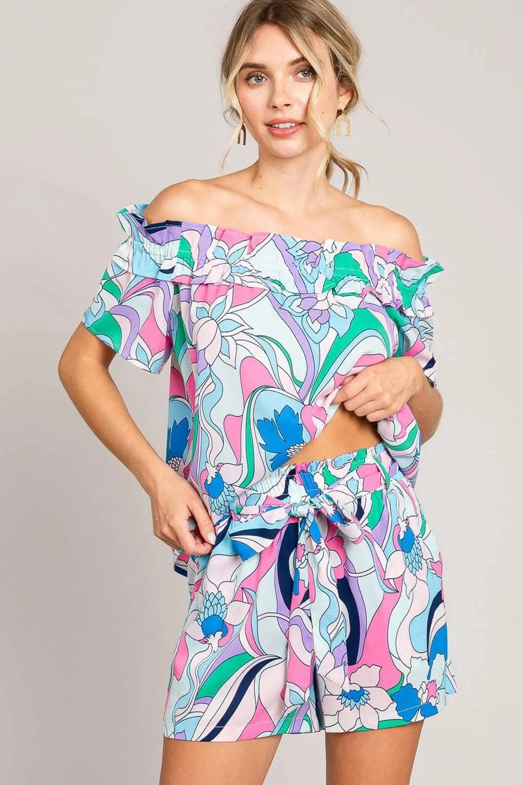 Trendsi Cotton Bleu by Nu Label Abstracted Print Tie Front Shorts