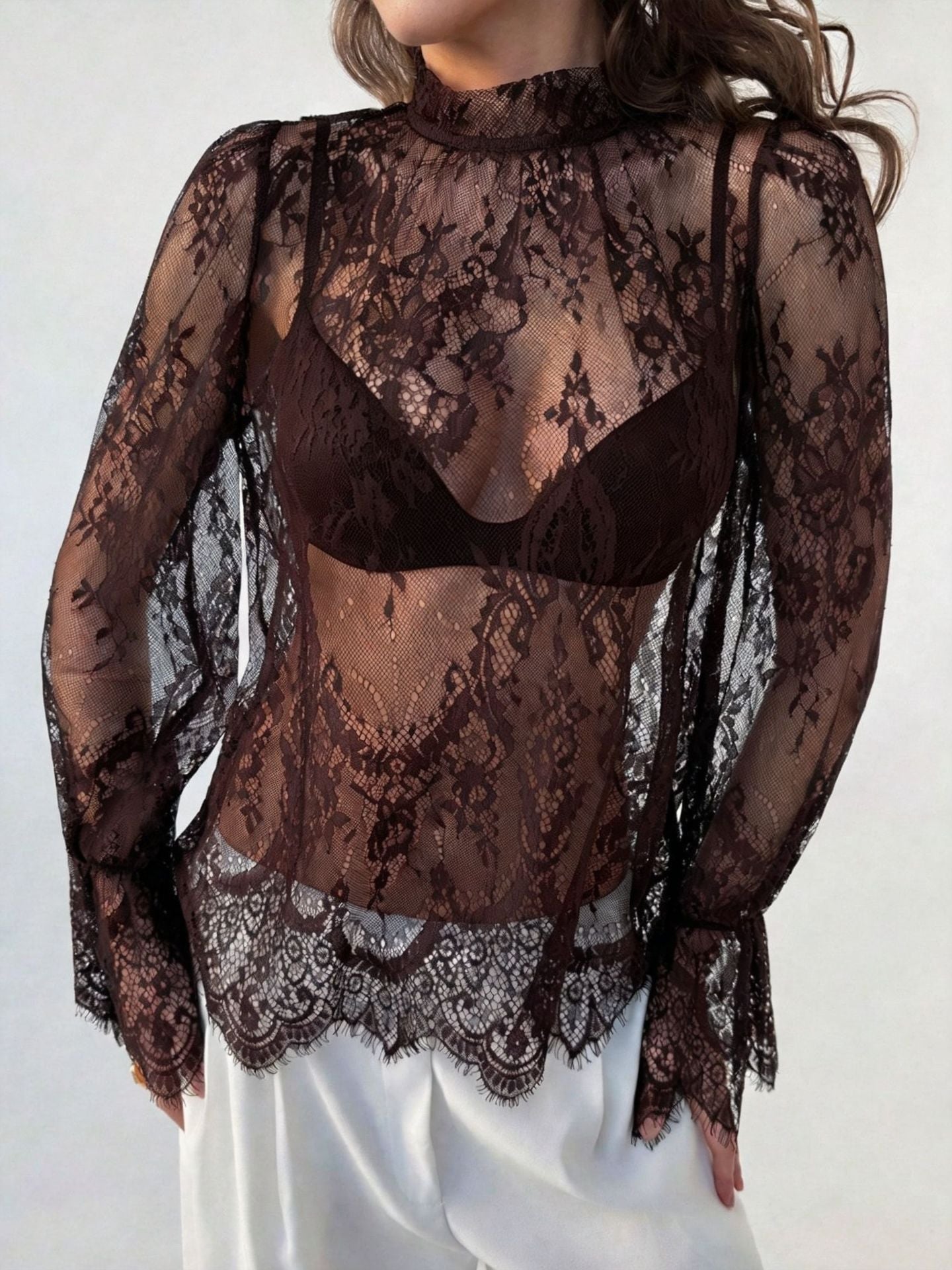 Lace Hollow-Out Long Sleeve Top – Half-High Collar Sheer Knit