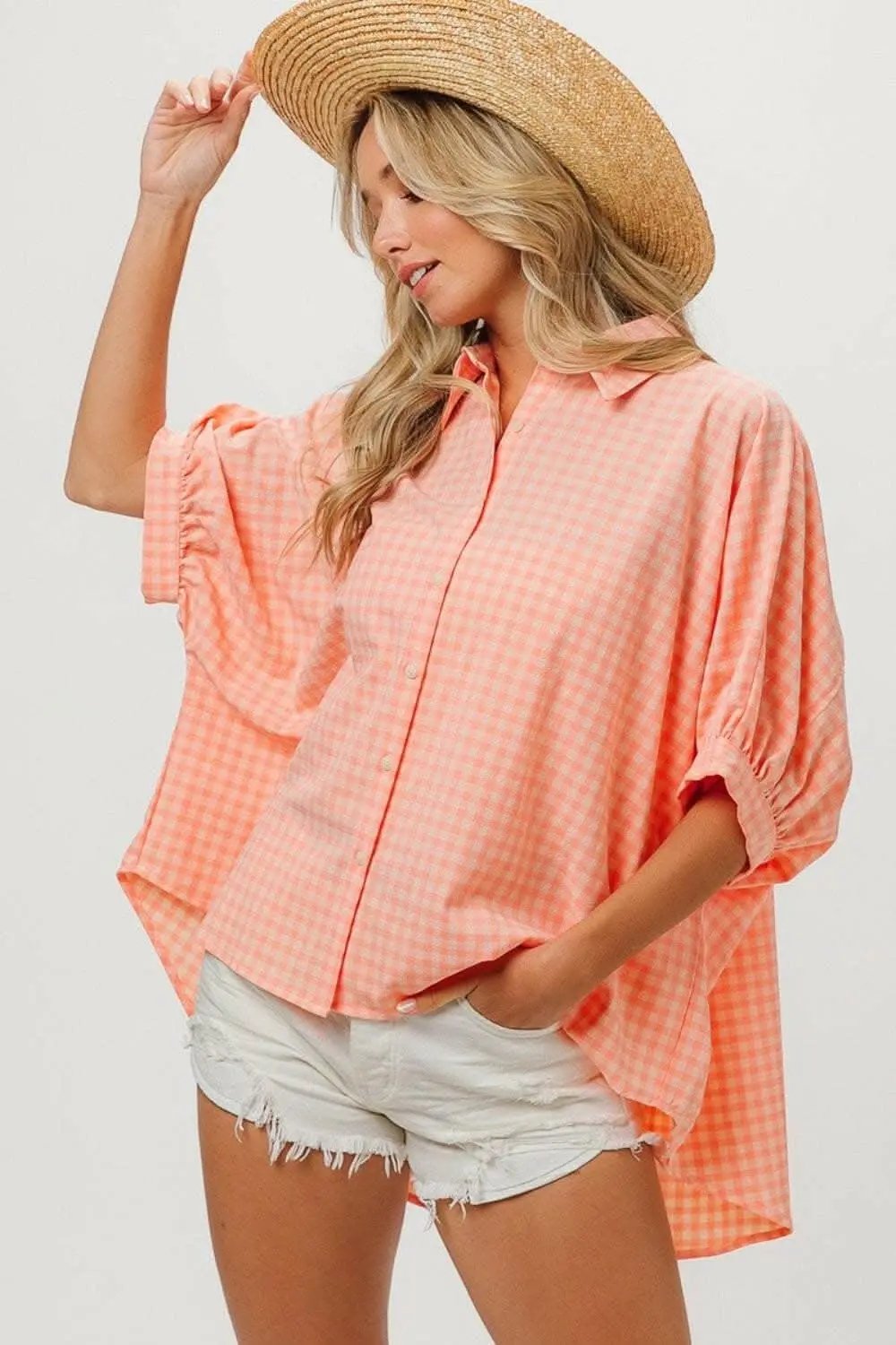 Trendsi Plaid Button Down Women's Elegant Dolman Sleeve Shirt - Comfy Fit