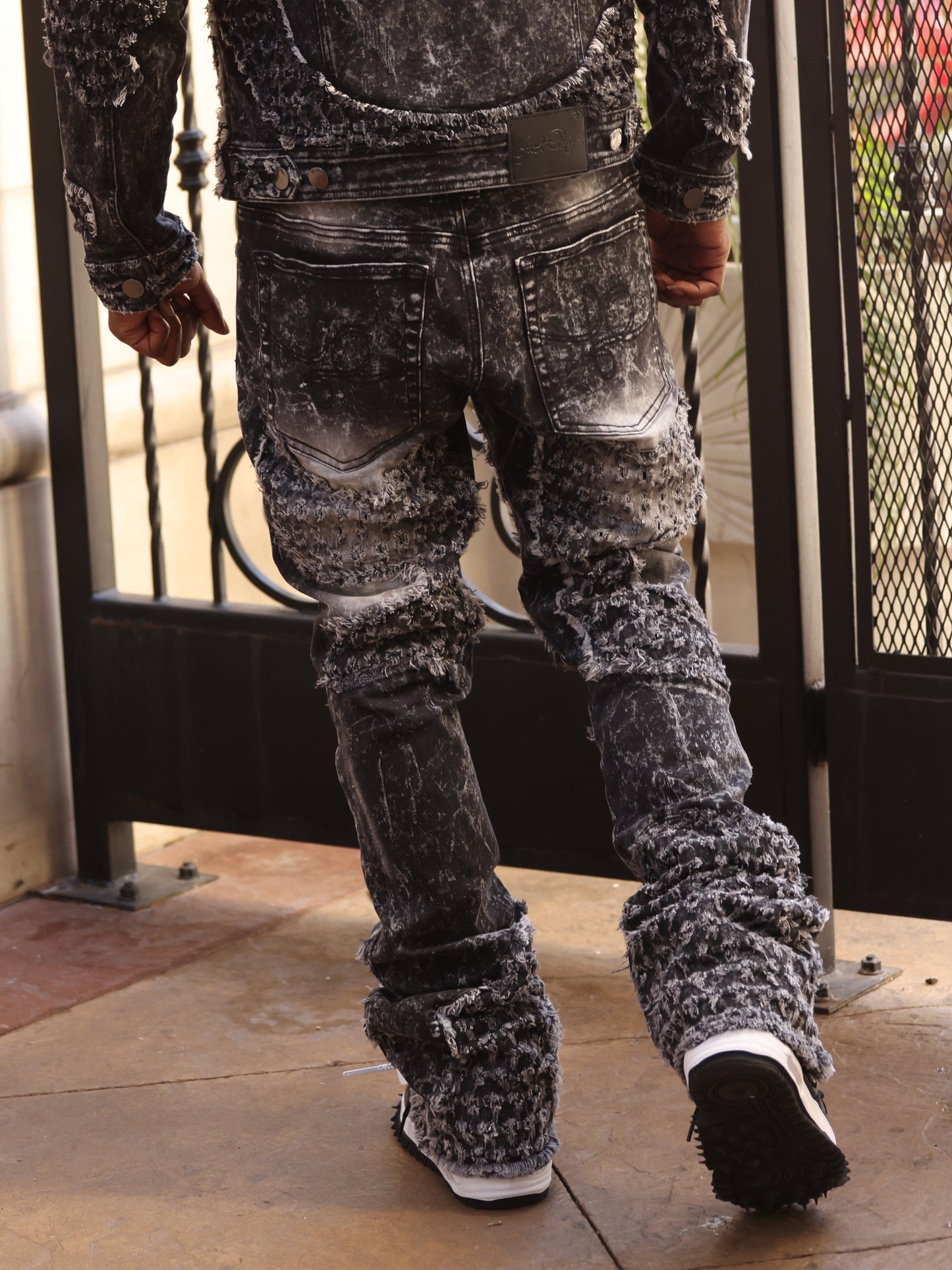 F1723 Tattered Denim Stacked Jeans - Black