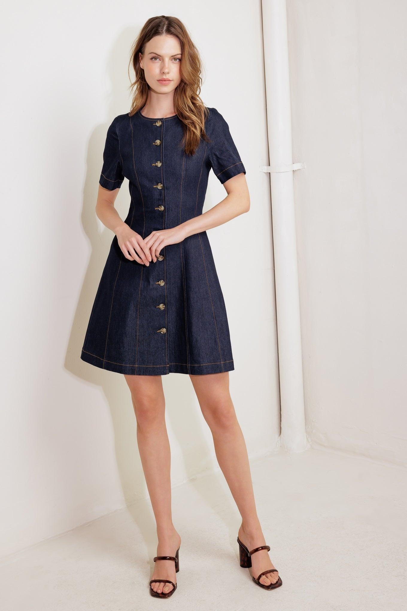 indigo denim mini dress TEMPO L FREEMARKET DARK DENIM / L Forml Gathering under the bust Black Long Sleeve Dresses SIZE:X-LARGE