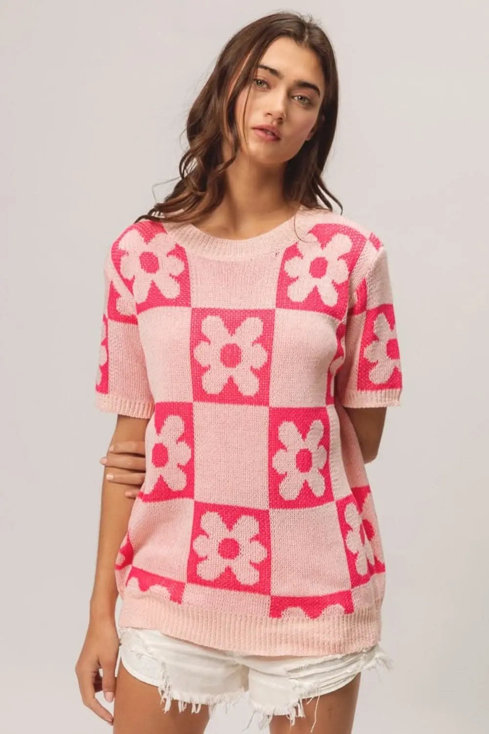 Women's Sweater - Floral Checker Soft Knit - Short Sleeve Top