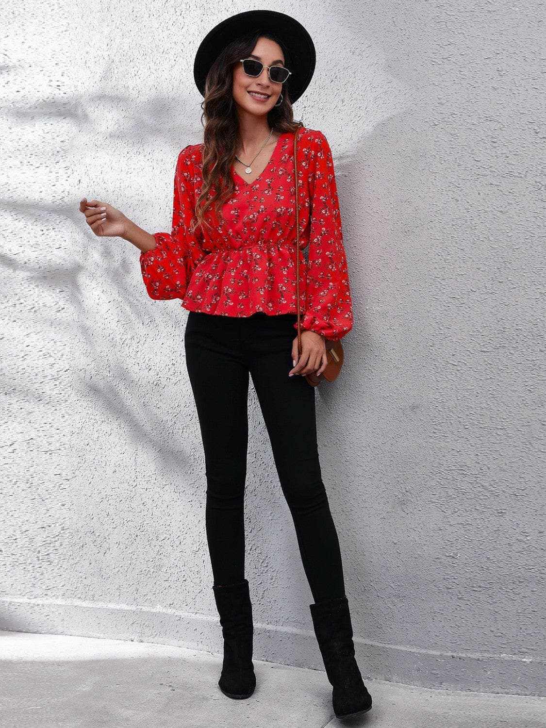 Trendsi Floral V-Neck Blouse Women's Chic Top Balloon Sleeve Peplum