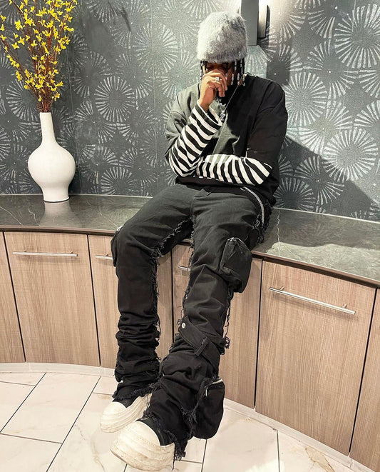 Black Stacked Furry 3D Cargo Denim w/ Shin Belt