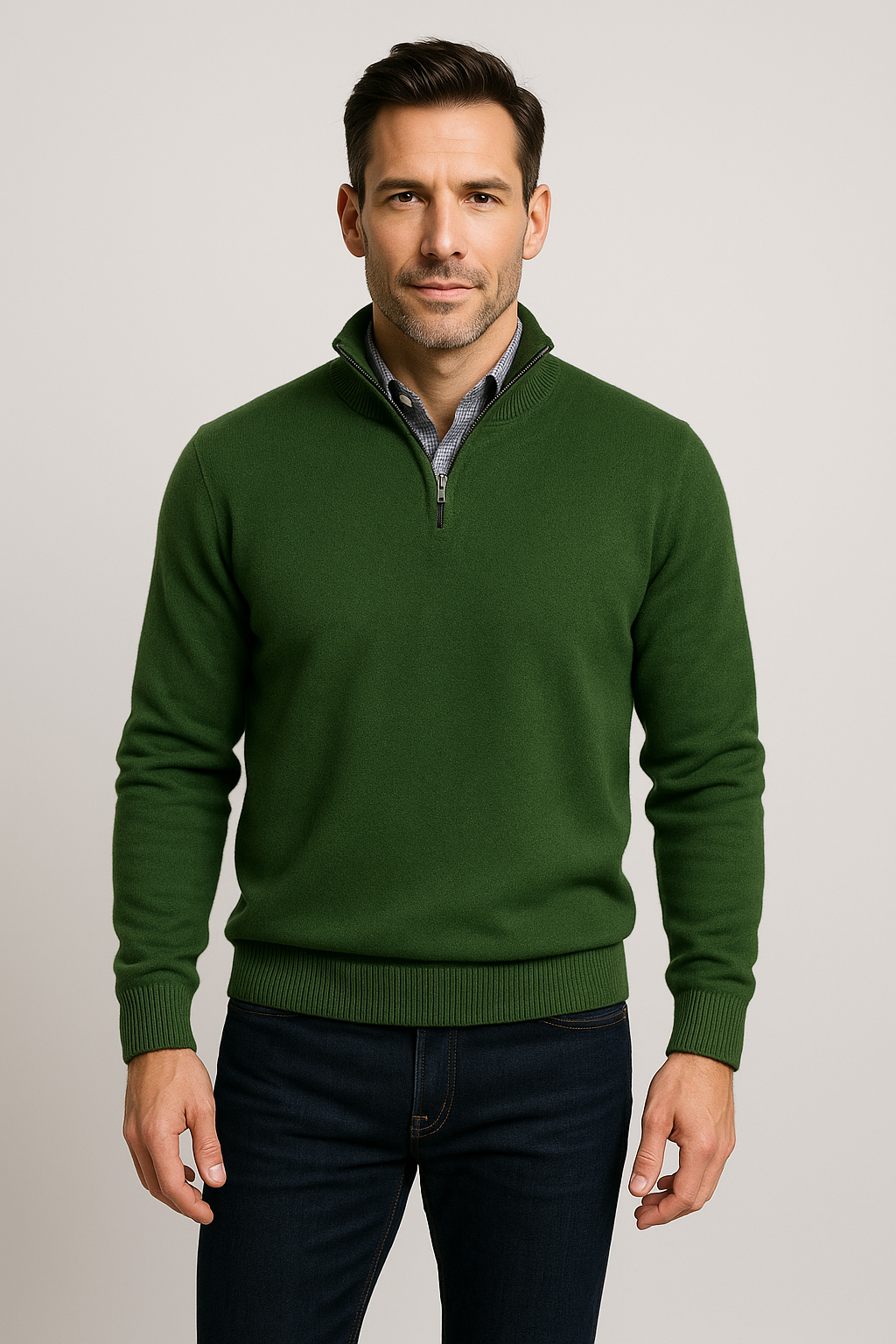 Cashmere blend Quarter-Zip Pullover Sweater - FOREST