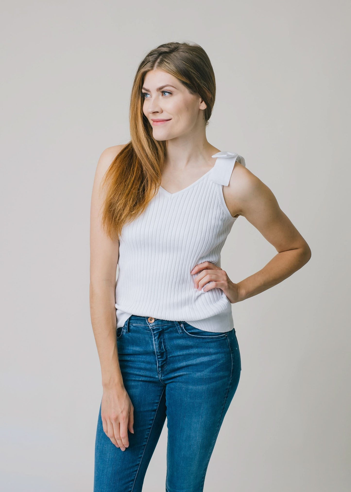 V-Neck Rib Knit Tank with Bow