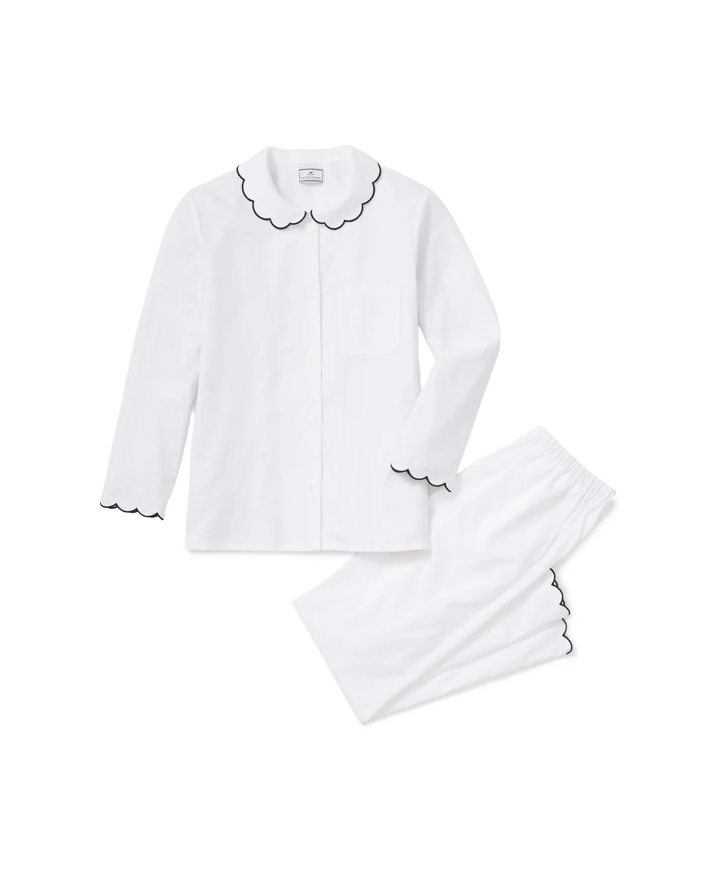 Petite Plume - Kid's Colette Twill Pajama Set, White with Navy Piping