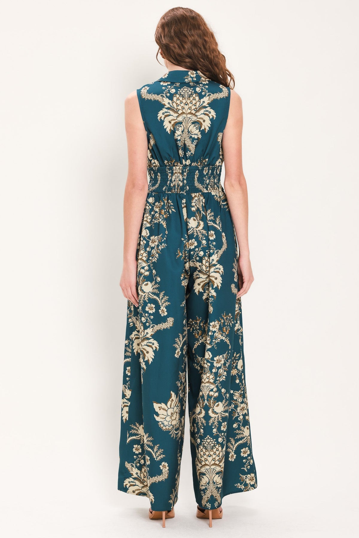 TEAL TAKEOVER PRINTED COLLARED WIDE-LEG JUMPSUIT