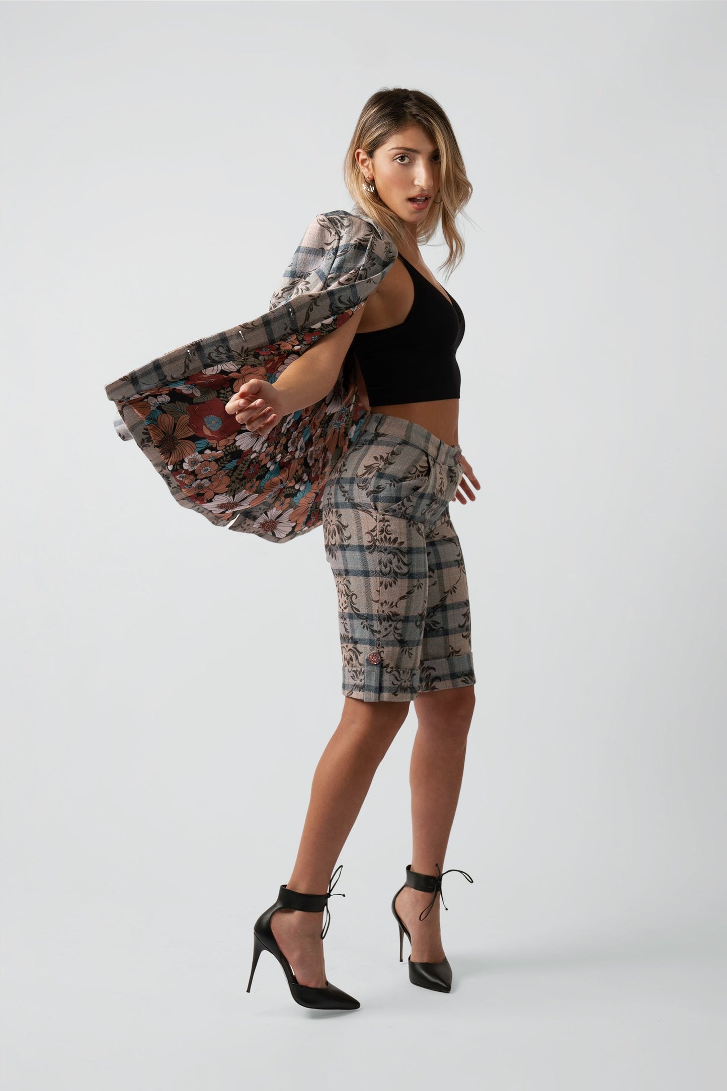 Kara Plaid Floral Wool Blazer