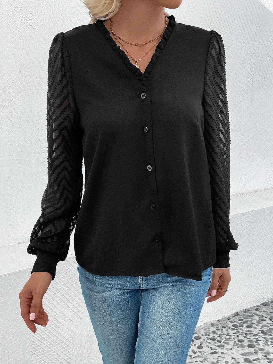 Blouse - Lace-Trim Sheer - V-Neck Style