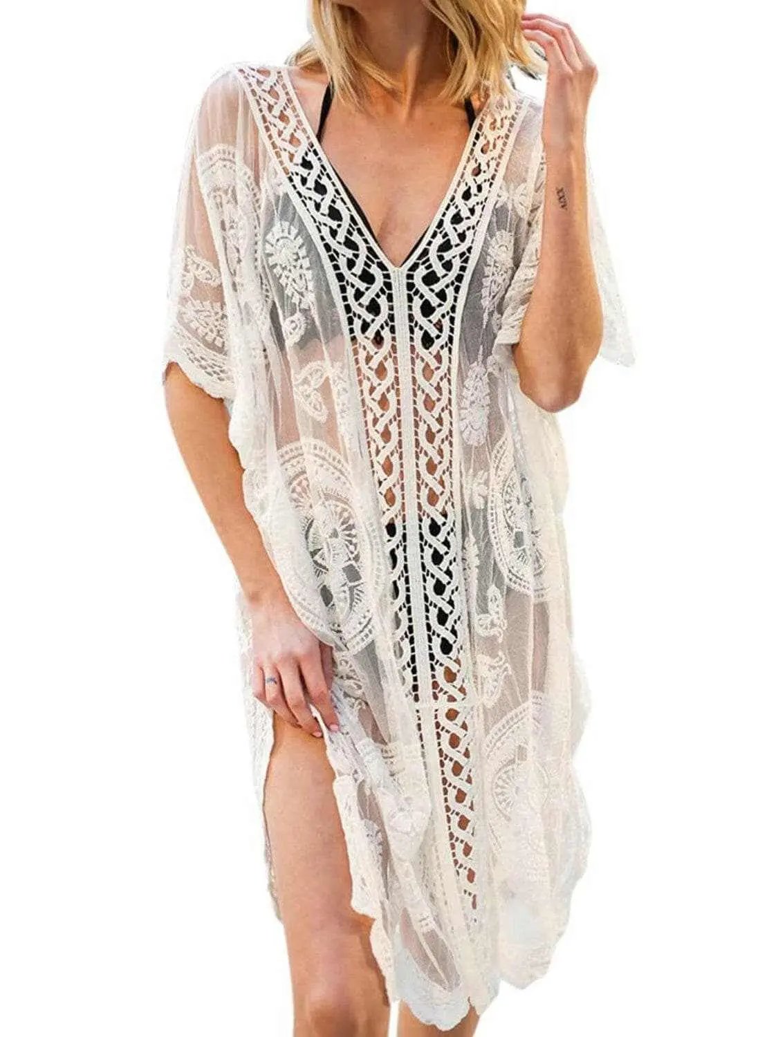 Trendsi swimwear - Lace v-neck beach cover-up