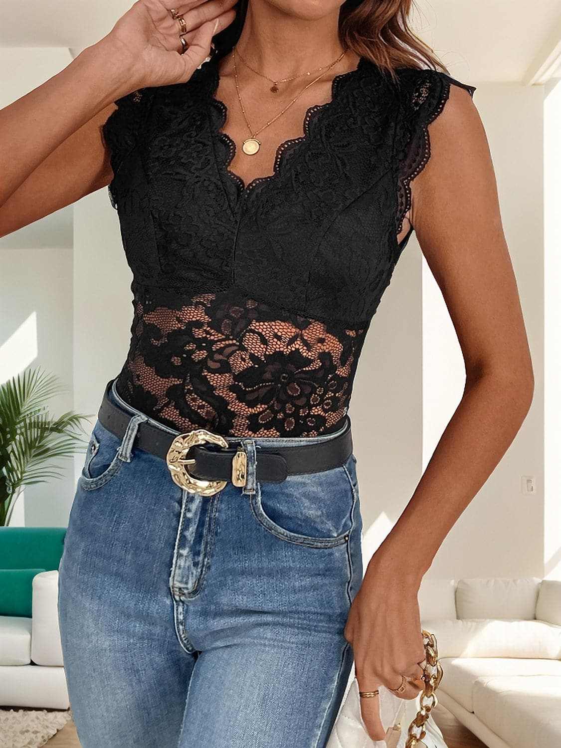 Trendsi Lace v-neck bodysuit with sheer details