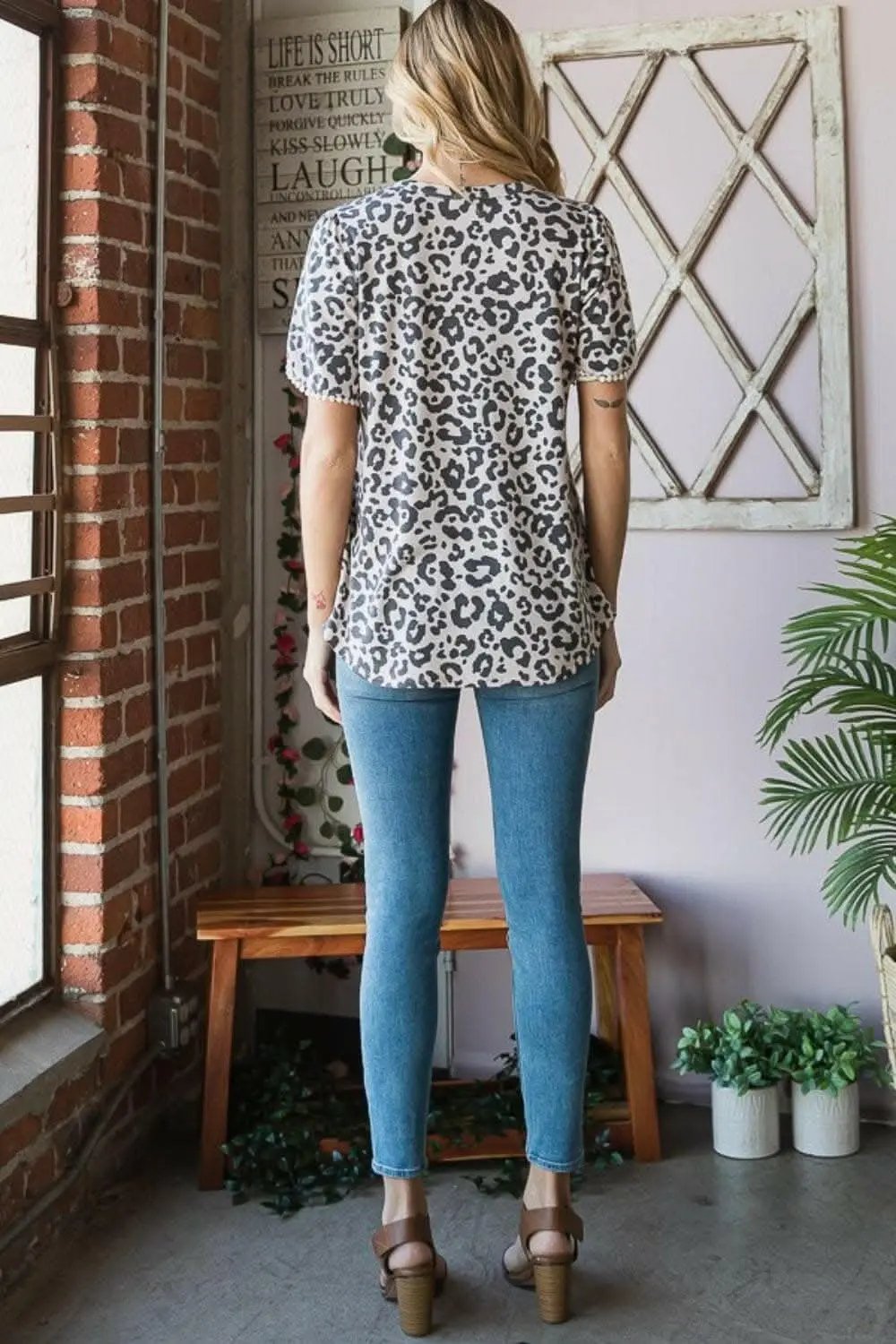 Leopard Print Tee - Petal Sleeve - Casual Round Neck Top