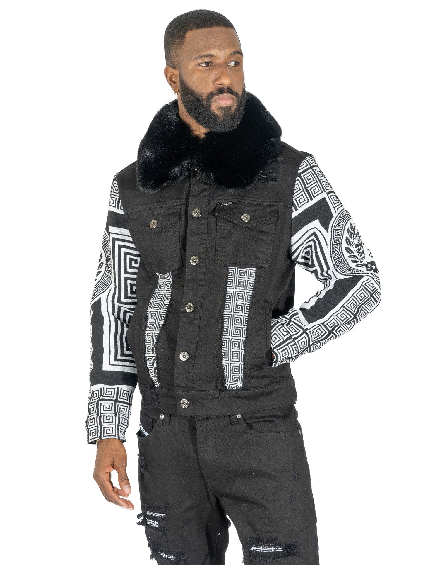 M1054 SARTONI DENIM JACKET WITH FUR COLLAR - BLACK ( NOT SOLD SEPARATELY )