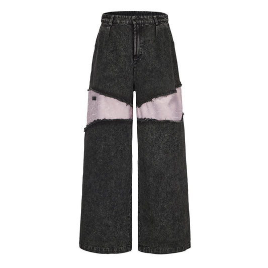 DAWANG Deng Wide-Leg Denim and Brocade Patch Jeans, view 2