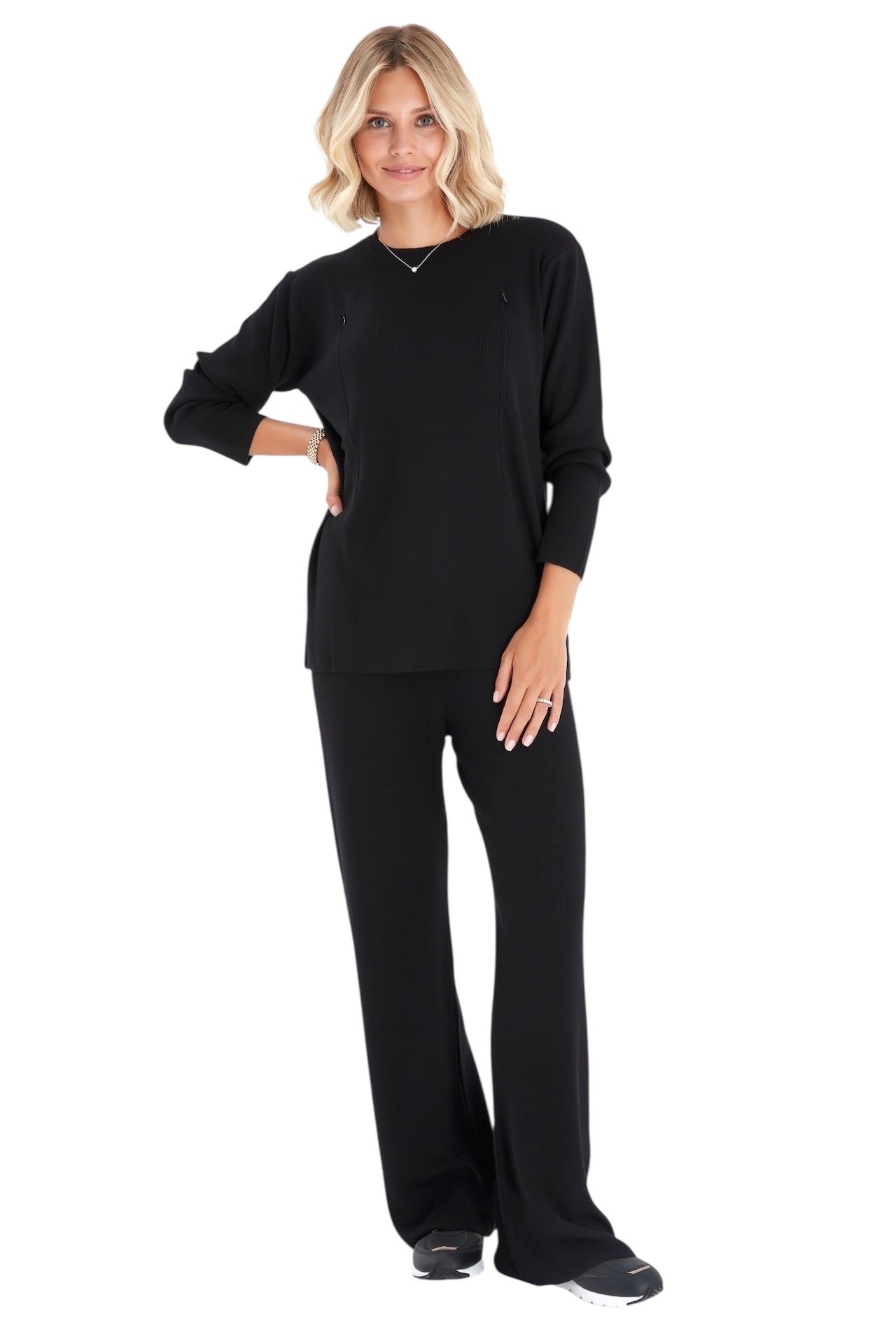Effortless Elegance Set with Rib Side Zip Long Sleeve Maternity/Nursing Top & Lounge Pants