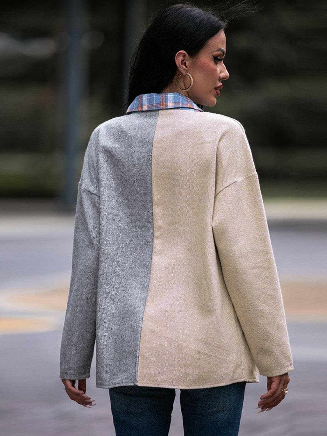 Trendsi Plaid drop shoulder oversized shacket