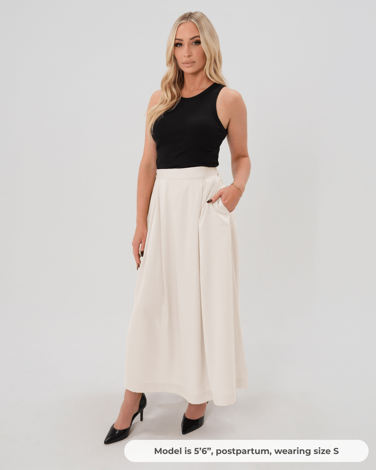 Over-Under Bump Pleated Maternity Maxi Skirt in Cream Satin