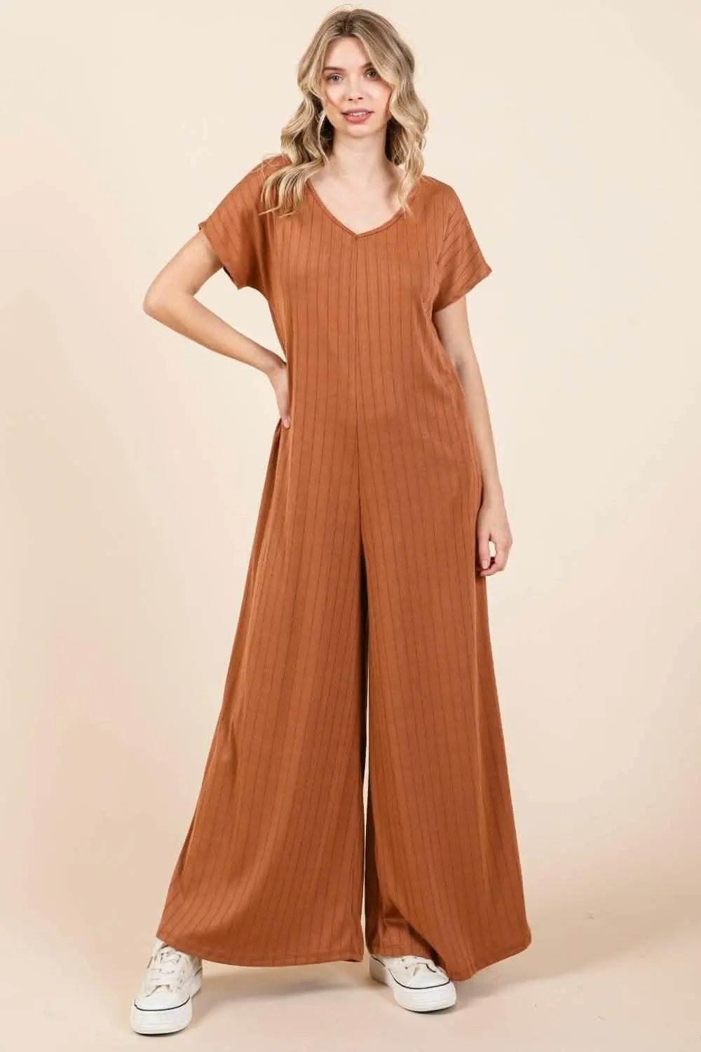 Trendsi just arrived - Ribbed Short Sleeve Jumpsuit with Wide Leg - BO