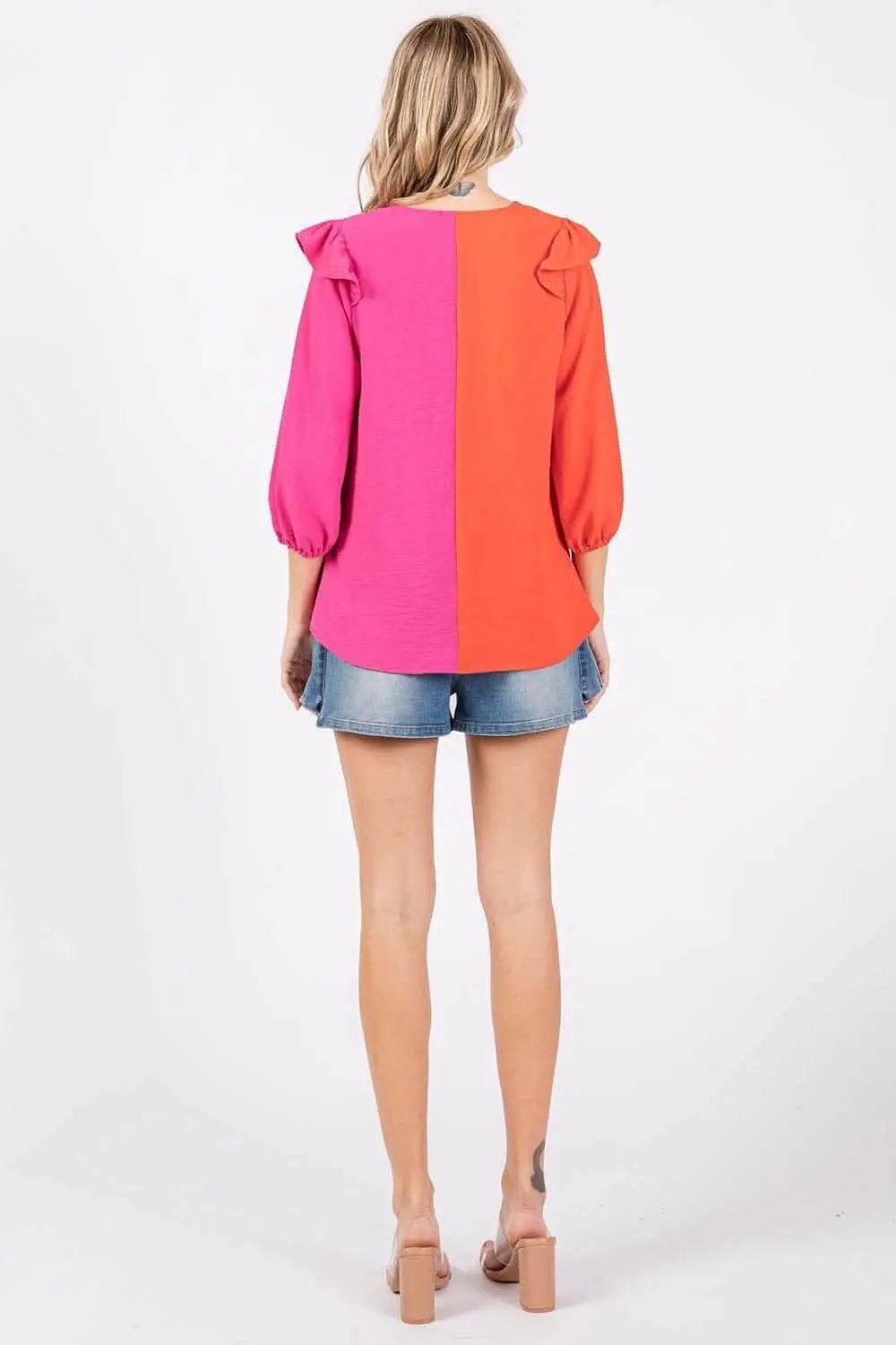 Trendsi usa - Ruffle Elegance Contrast Blouse