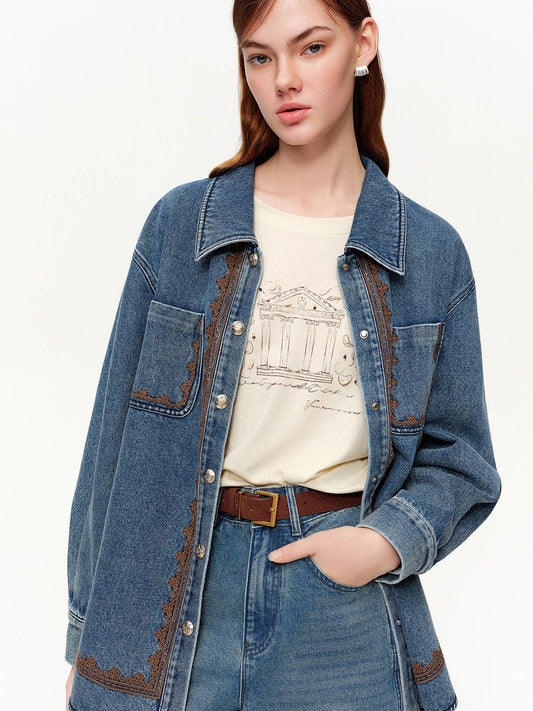 Loran Lace-Embroidered Denim Jacket in Blue, view 2