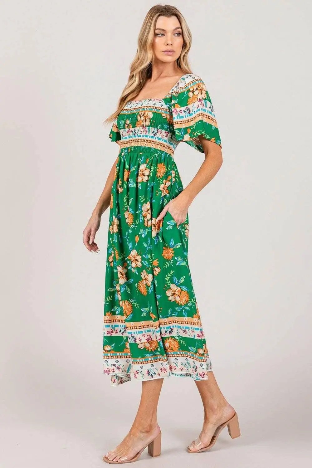 Midi Dress - Sage Fig Floral Print Smocked Sleeves - Elegant