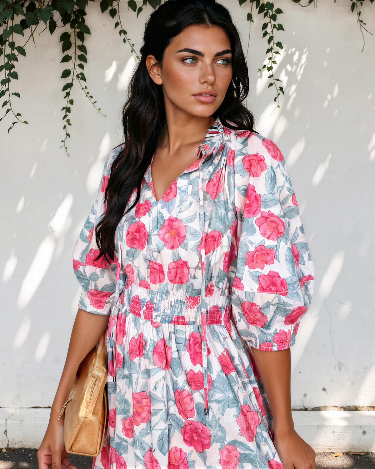 Red Elegant Floral Puff Sleeve Midi Dress
