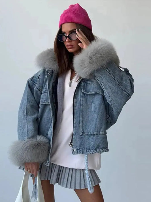 Loran Denim & Fur Winter Coat, view 2