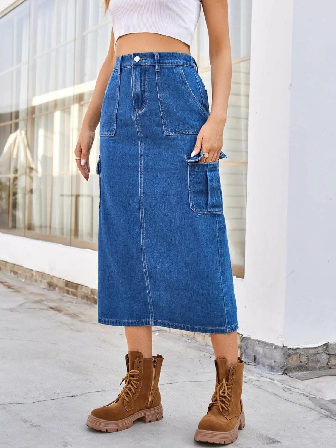 Trendsi Slit denim midi skirt with pockets