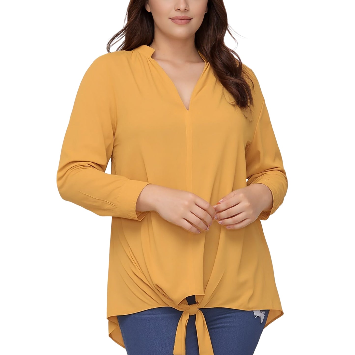 Pleione Plus Size Women's Mandarin Collar Tie Hem Blouse