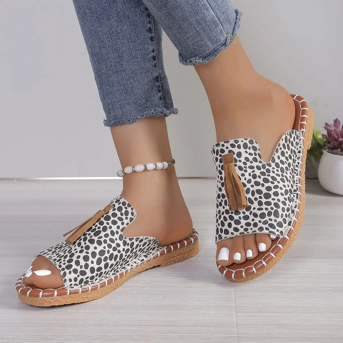 Trendsi Trendy leopard print sandals with fringe