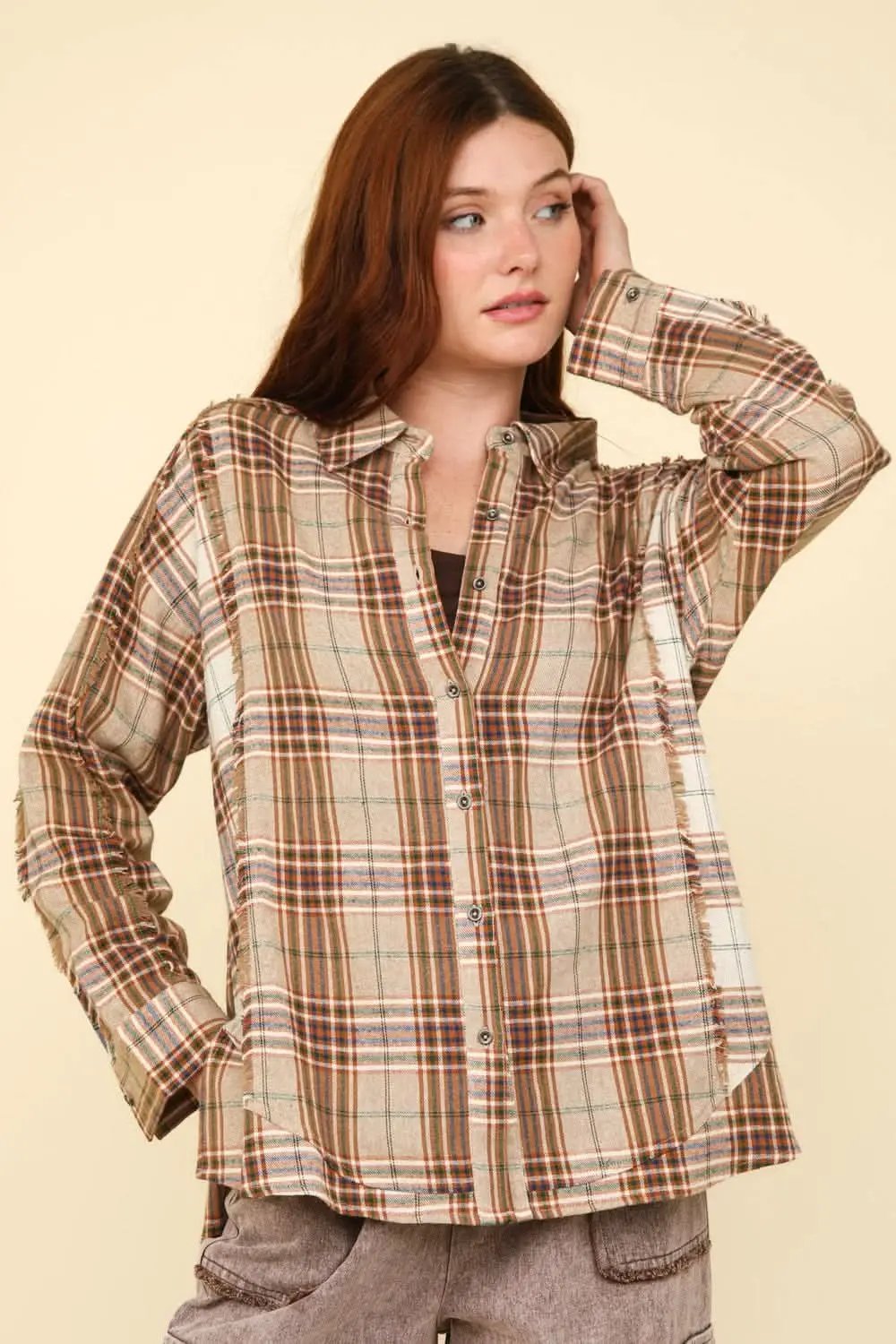 Trendsi Plaid Shirt Women's Casual Raw Edge Flannel Top USA Ship