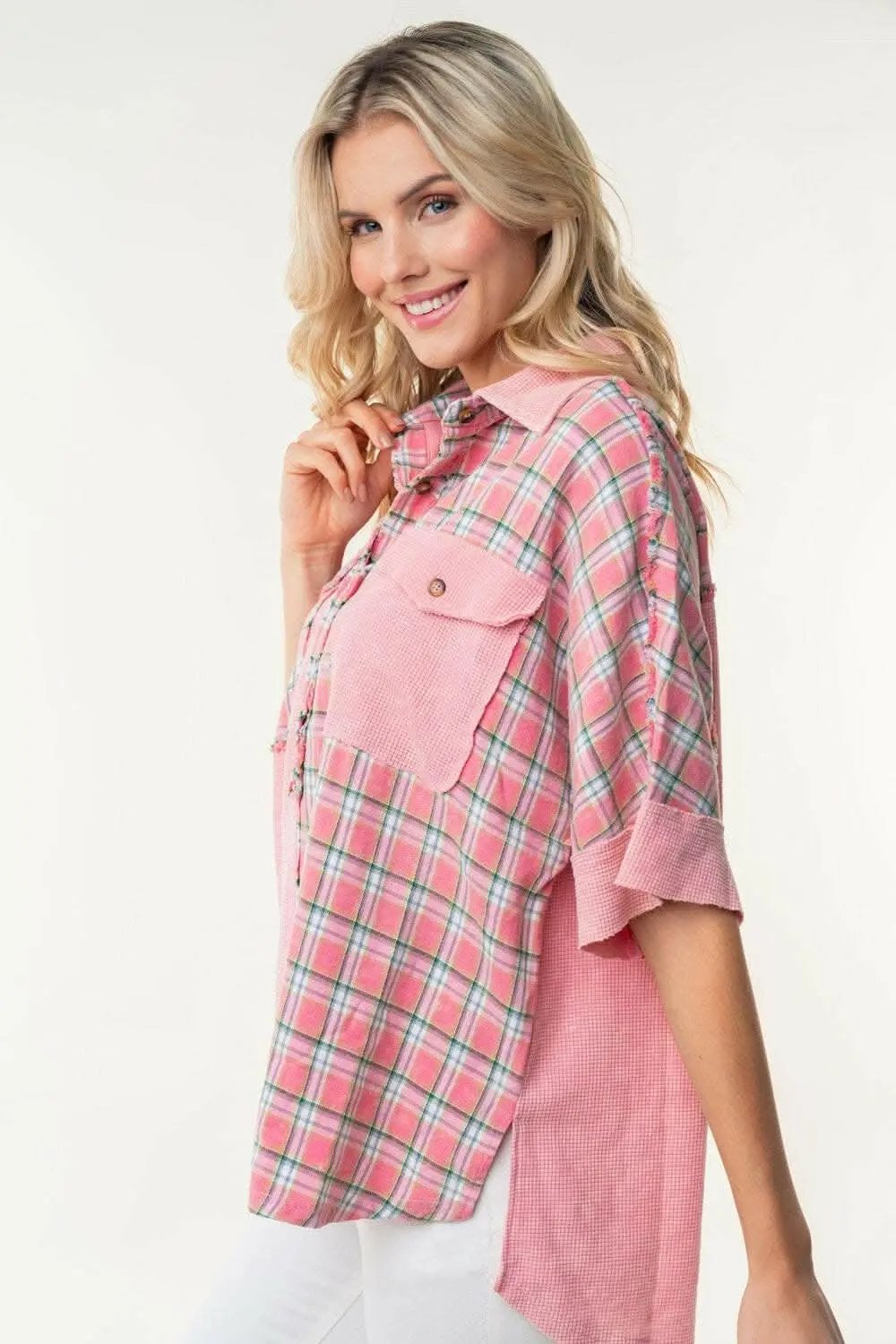 Trendsi just arrived - White Birch Plaid Color Block Half Button Top