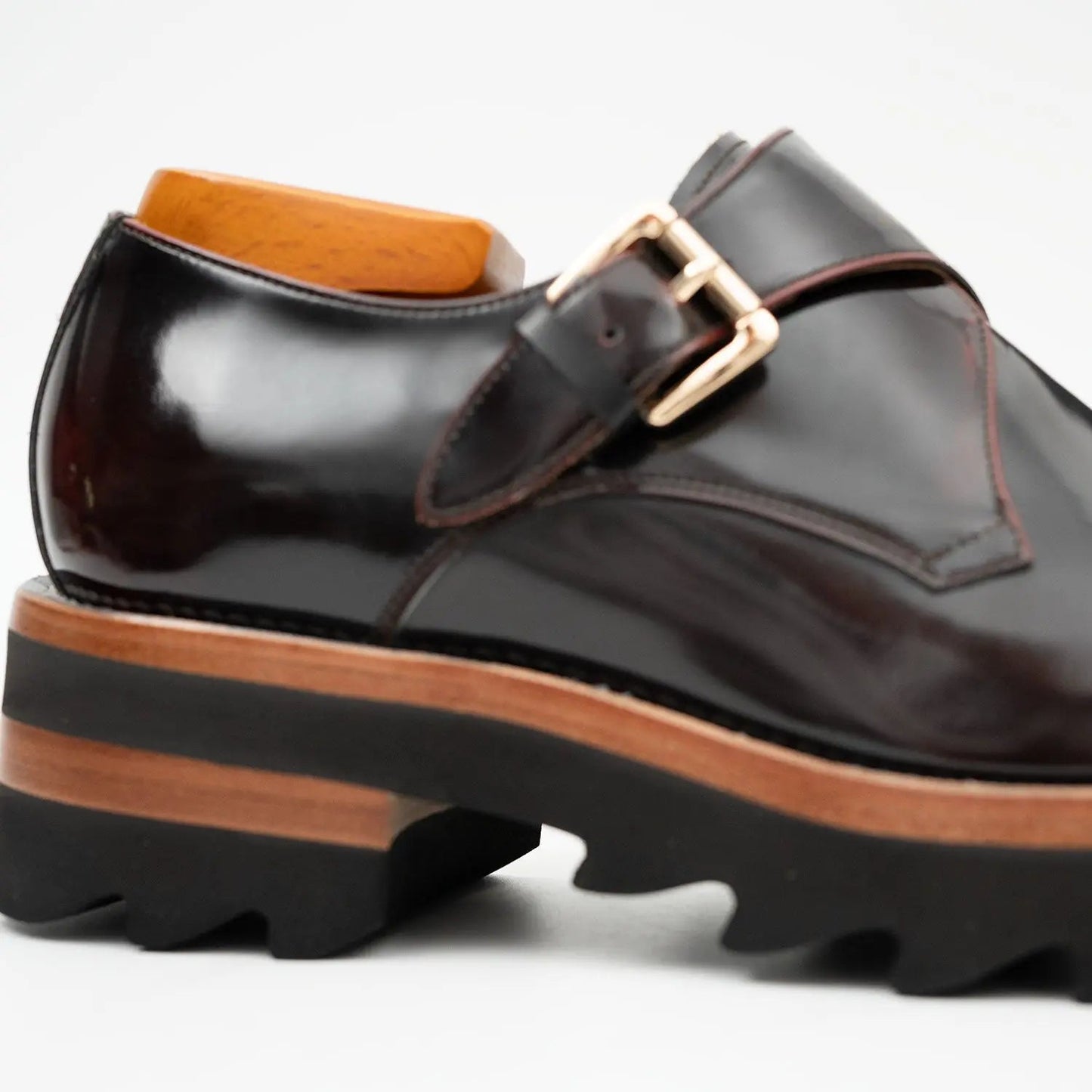 Wine Red Leather Monk Strap Shoes with Chunky Soles