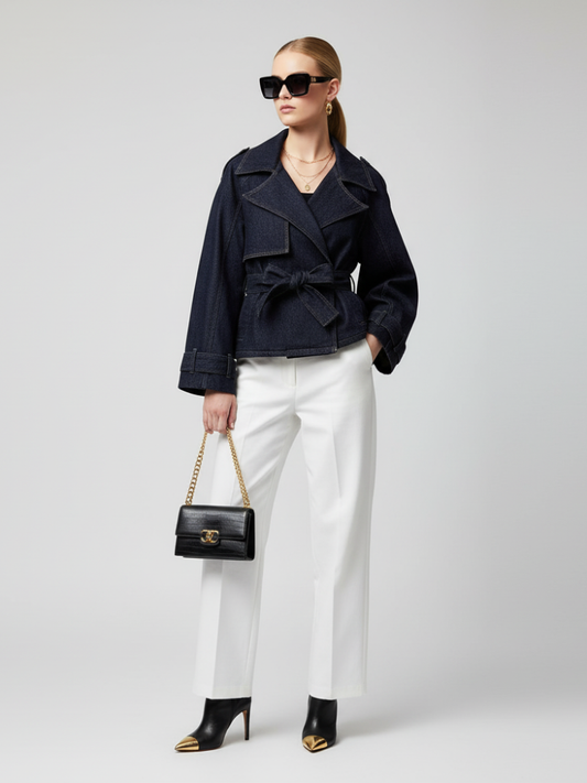 BYMANYC ® New York SoHo Cropped Belted Denim Jacket in Dark Blue, view 2