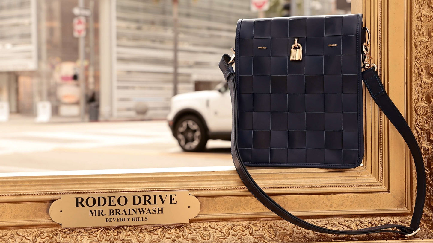 Woven Leather Navy Blue Crossbody Bag