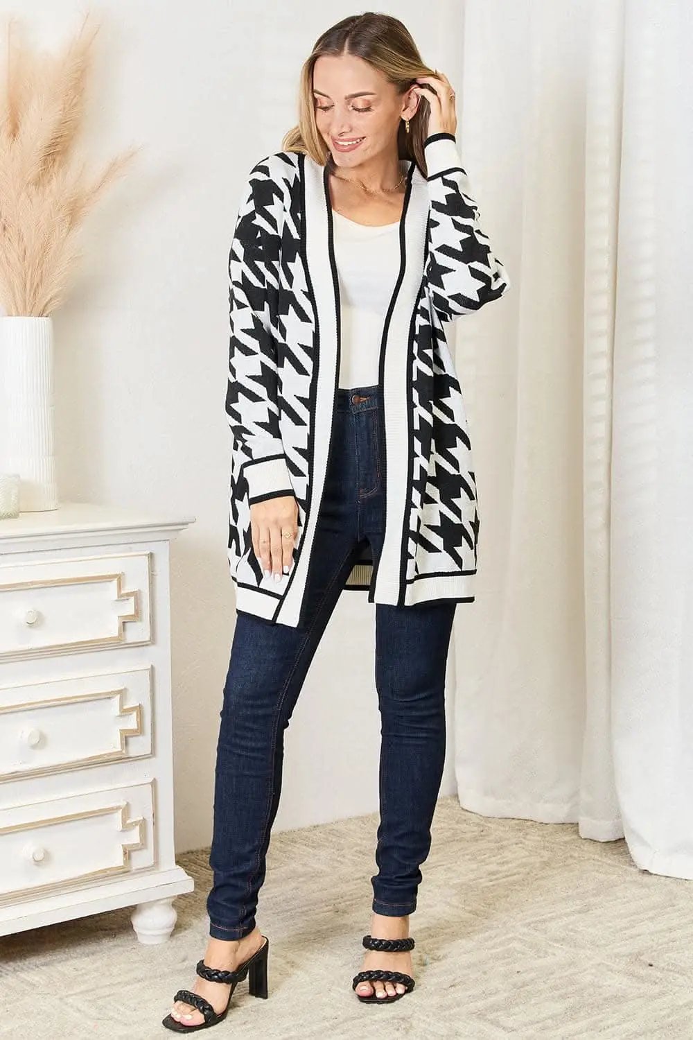 Cardigan - Woven Houndstooth - Long Open Front Style