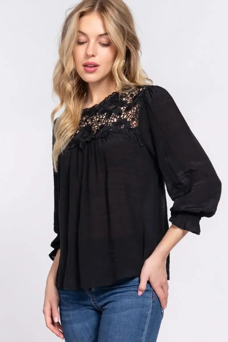 Crochet Lace Panel Blouse - Flounce Sleeve Fashion Top