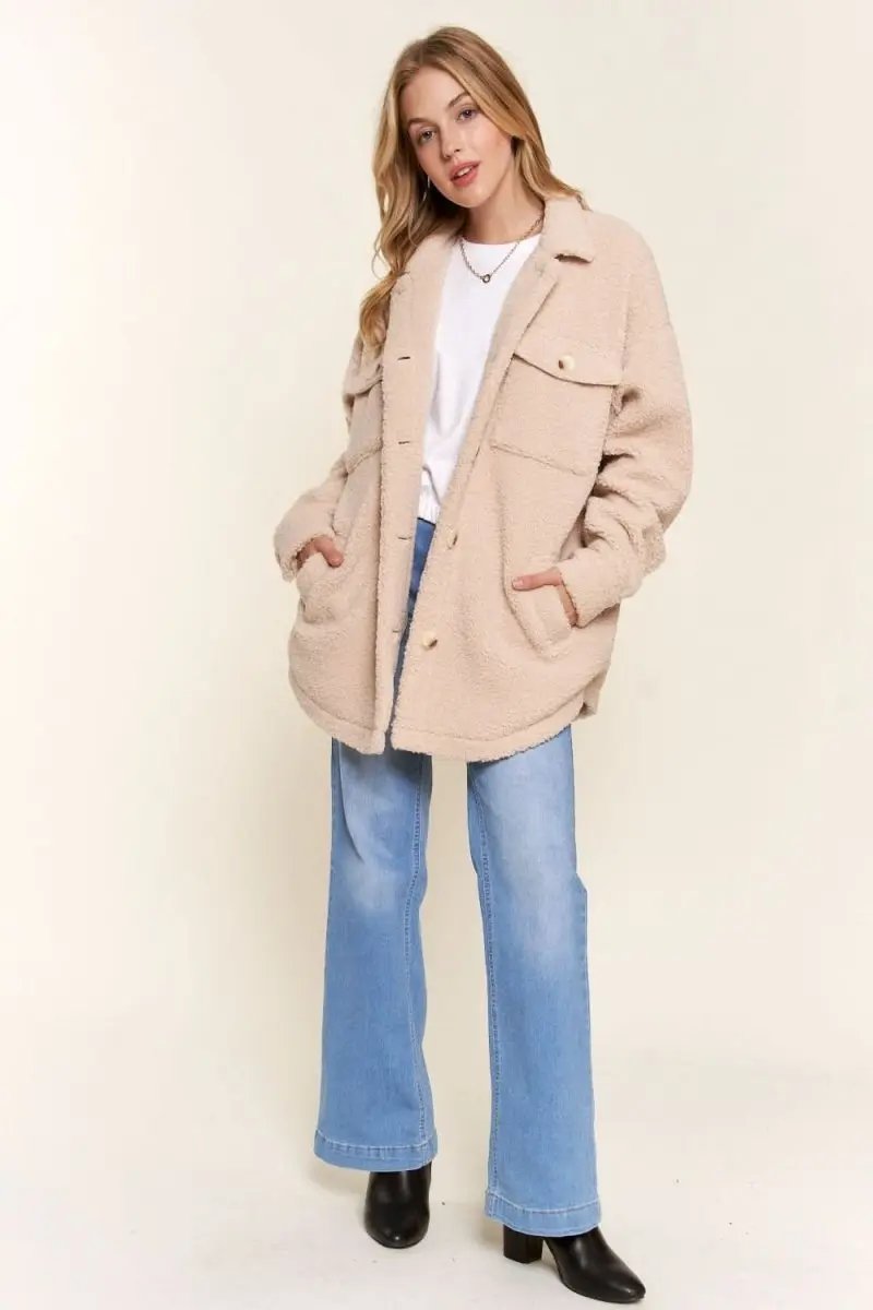 Trendsi And The Why Teddy Sherpa Shacket - Button Down, Curved Hem Outerwear