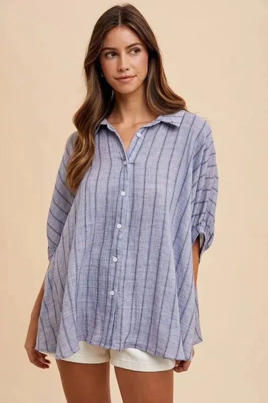 Trendsi Annie Wear Striped Button Up Half Sleeve Shirt for