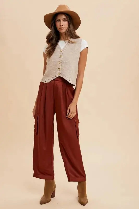 Trendsi Annie Wear Wide Leg Satin Cargo Pants Burgundy S