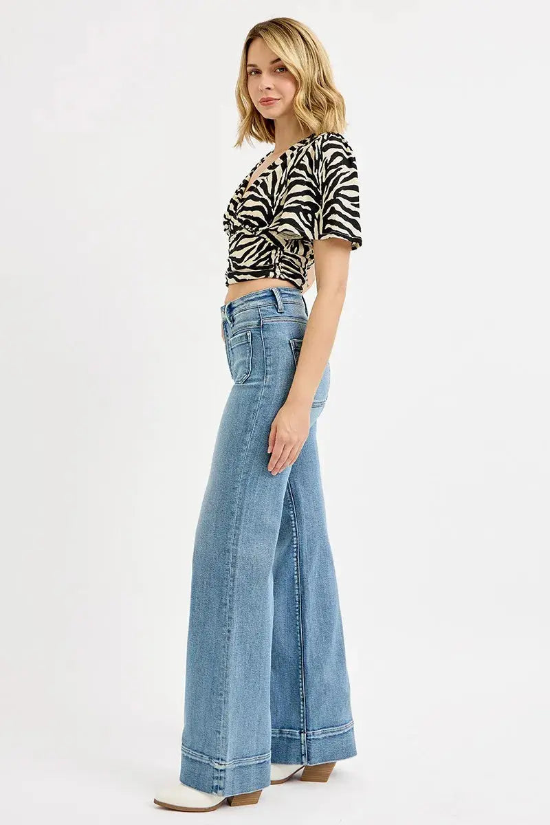 Jeans - High Rise Plus Size Patch Pocket - Wide Flare Denim