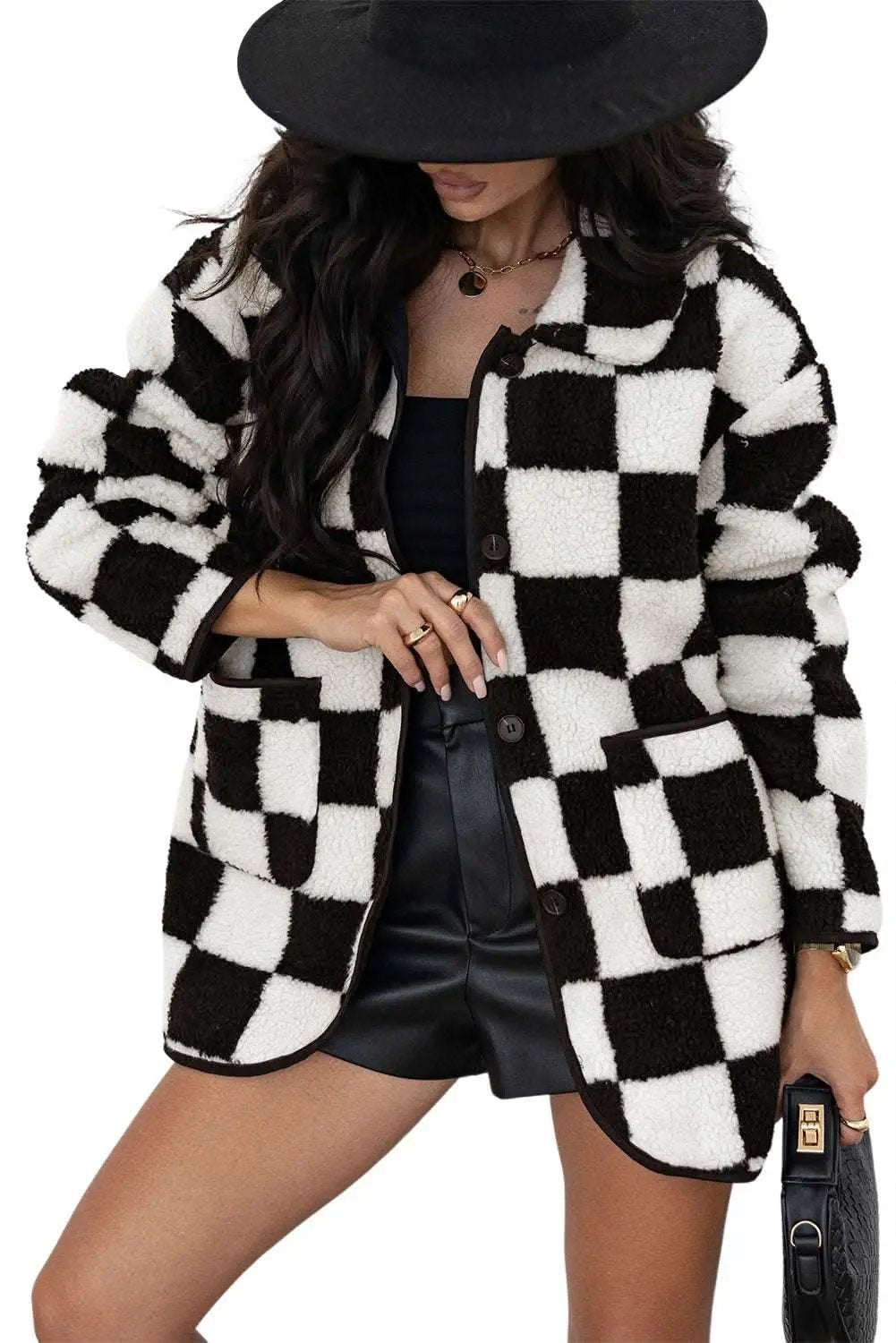 Women's Jacket - Black Checkered Fleece with Side Pockets - Casual Style